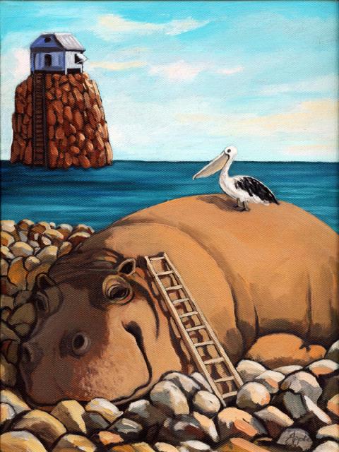 Hippo & Pelican fantasy oil painting